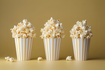 row of popcorn in a container on brown Background. generative AI