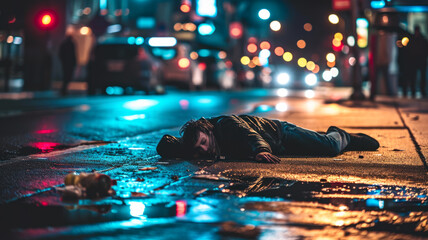 Drug addict suffering from overdose or drunk person lying in the street - obrazy, fototapety, plakaty