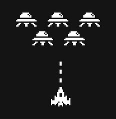 Fototapeta na wymiar Pixel art spaceship vs. aliens , 1-bit black and white icon set. Mobile application game design. Isolated vector illustration