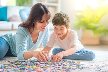 A mother and a smiling boy are putting together puzzles in a bright room. Family games. Child development. Development of fine motor skills