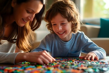 A mother and a smiling boy are putting together puzzles in a bright room. Family games. Child development. Development of fine motor skills
