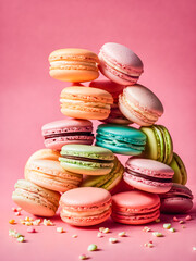 Fototapeta na wymiar Colorful macaroons or macarons on a pink background