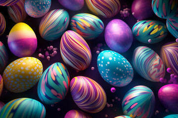 Obraz premium Easter celebration with a basket of colorful eggs, a festive mix of yellow, blue, green, orange, red, and pink, creating a vibrant display of holiday joy and sweet traditions.