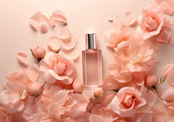 Obraz na płótnie Canvas An empty glass container with a beautiful rose decoration on the side can be used as a cosmetic, parfume, and beauty product mockup. generative AI