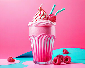 Pop Art Raspberry Milkshake - Photorealistic illustration with vibrant colors and visually...