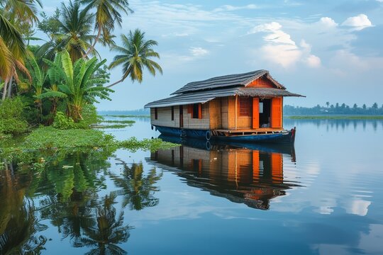 In Kerala's backwaters, India. Generative Ai.