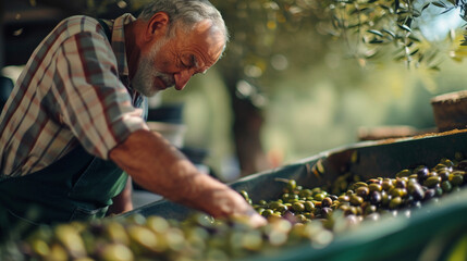 A skilled olive oil artisan carefully inspecting and grading freshly harvested olives, emphasizing the attention to quality control and the commitment to producing the finest olive