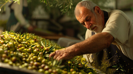 A skilled olive oil artisan carefully inspecting and grading freshly harvested olives, emphasizing the attention to quality control and the commitment to producing the finest olive - obrazy, fototapety, plakaty