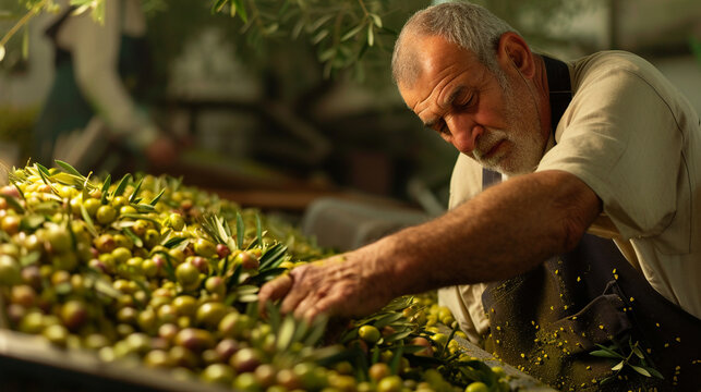 A skilled olive oil artisan carefully inspecting and grading freshly harvested olives, emphasizing the attention to quality control and the commitment to producing the finest olive