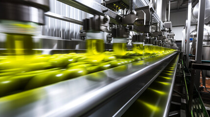 Fototapeta premium A modern olive oil extraction facility with stainless steel machinery in motion, showcasing the industrial aspect of large-scale olive oil production.