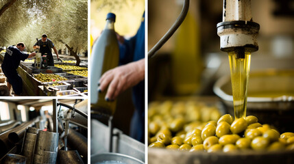 A sequence of images illustrating the step-by-step process of olive oil production, from harvesting in the groves to pressing and bottling, creating a visual narrative of the journ - obrazy, fototapety, plakaty