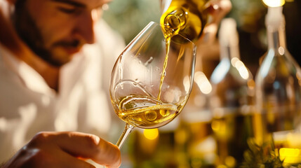 An olive oil sommelier expertly swirling and sniffing freshly pressed olive oil in a tasting glass, capturing the sensory experience and expertise involved in evaluating the qualit
