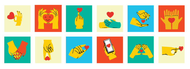 Fototapeta premium Big collection with I love you heart sign. Set of Valentine day and expressions love to you, message of love hand gesture, shapes heart with the hands.