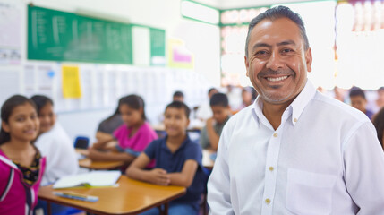 Middle-aged, Latino teacher in the classroom with his students in the background. Natural lighting through the windows. Teacher's day