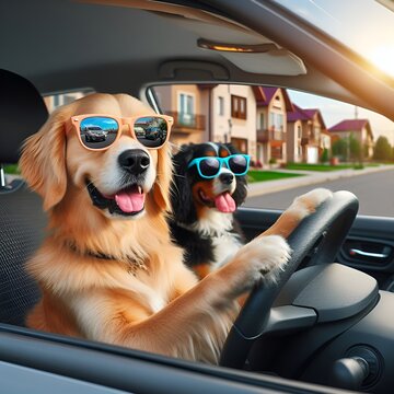 Cute Dog Looking Out Car Window Wearing Sunglasses