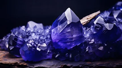 Fototapeten rough blue sapphire and diamonds gemstones crystals raw amethyst tanzanite dark background.  © Ziyan Yang