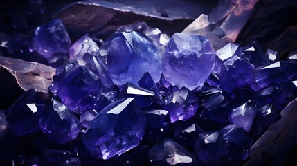 rough blue sapphire and diamonds gemstones crystals raw amethyst tanzanite dark background.
