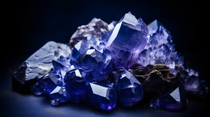 rough blue sapphire and diamonds gemstones crystals raw amethyst tanzanite dark background.
 - obrazy, fototapety, plakaty