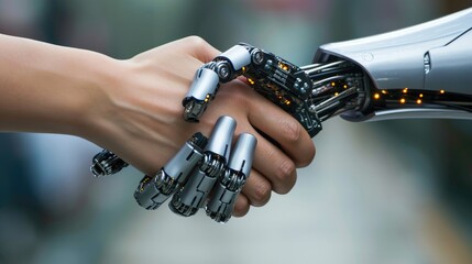 Human hand handshakinh with robot hand, artifical inteligent concept