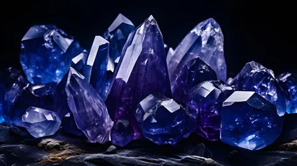 Schilderijen op glas rough blue sapphire and diamonds gemstones crystals raw amethyst tanzanite dark background.  © Ziyan Yang
