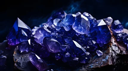 Foto op Canvas rough blue sapphire and diamonds gemstones crystals raw amethyst tanzanite dark background.  © Ziyan Yang