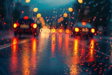 Evening commute Rainy weather on roads, city lights creating bokeh