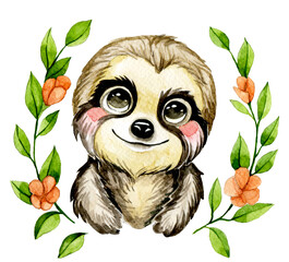 cute little animal sloth with leaves and flowers, watercolor drawing kawaii style. print for children