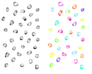 Set of Colorful and Black Spots. Irregular  Tiny Brush Drops. No Background. Spattered Black and Multicolor Paint Dots. Set of Splatters.