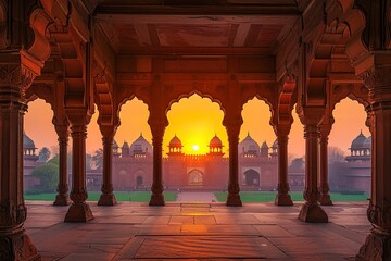 India at dusk, inside Delhi's Red Fort. Generative Ai. - obrazy, fototapety, plakaty