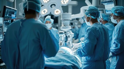 Surgeons performing operations on a operating table with robotic technology
