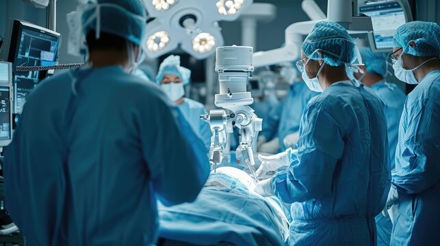 Surgeons performing operations on a operating table with robotic technology