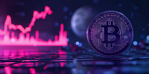 Illuminated Bitcoin coin with a vibrant pink stock market graph in a futuristic setting