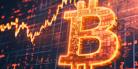 Glowing Bitcoin B superimposed on financial data charts, signifying the crypto market's pulse - obrazy, fototapety, plakaty