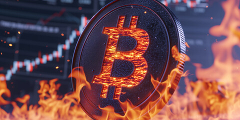 Fiery Bitcoin token with stock market analytics for a backdrop, depicting financial fervor