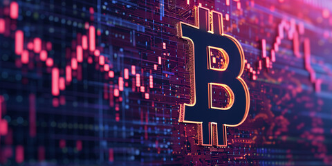 Bitcoin symbol projected in neon over a digital matrix with financial graphs in the backdrop - obrazy, fototapety, plakaty