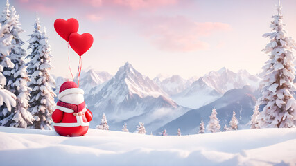 Santa Claus with red heart shaped balloons on the background of winter mountains.