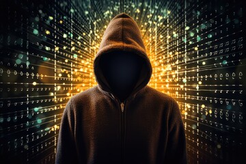 Cyber hacker. Digital Cybersecurity Concept with Hooded Hacker. Anonymous hacker with hood with programming codes on background. Hacker and cyber security concept.