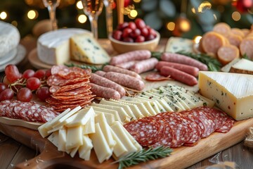 An upscale cheese and sausage charcuterie in close-up. Generative Ai. - obrazy, fototapety, plakaty