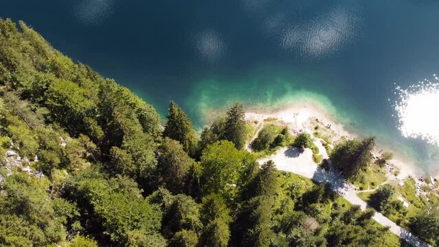 Drone aerial landscape of Lake Hallstatt with cliff diving mountain range pine tree forest travel tourism nature Salzkammergut Austria Europe