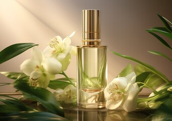 A perfume bottle decorated with flowers blooming beside it