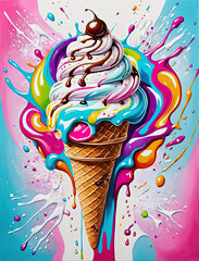 Photorealistic Pop Art Scoop of Ice Cream with Liquid Motion and Swirls of Flavor Gen AI