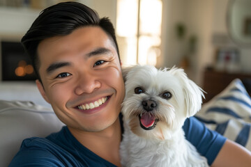 Happy asian man hugging his shih tzu dog in a living room