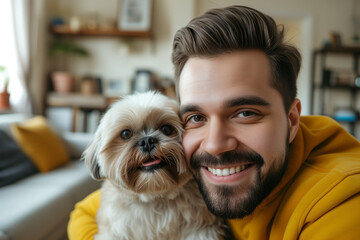 Happy brunette man hugging his shih tzu dog in a living room