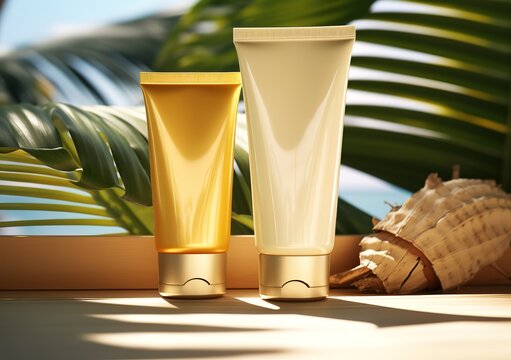 Two empty cosmetic bottles in light yellow and cream colors with Palm leaves in the photo with a spotlight from above. generative AI
