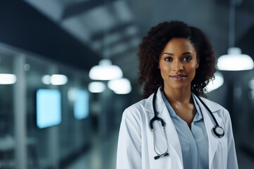 Portrait of a attractive young confident black female doctor in her 30s posing with a confident and warm expression in hospital wearing medical coat. - Powered by Adobe