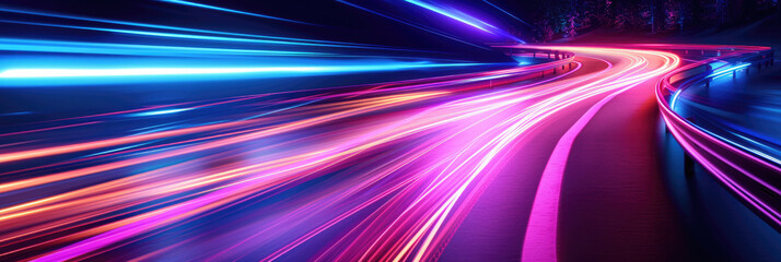 dark road path and lighting streaks light track,Glowing neon lights on a dark background. Suitable for nightlife, party, music, technology,  or futuristic themed designs and advertisements.