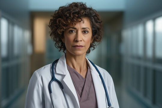 Portrait of a confident Hispanic female doctor in her 40s posing with a serious expression in hospital wearing medical coat.
