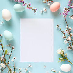 Creative easter flat lay with white paper blank.