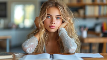 blonde girl sitting at the table and reading a book