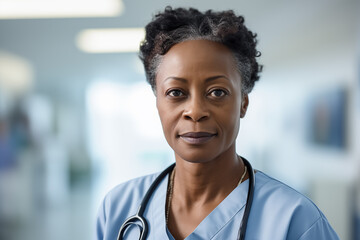 Portrait of a confident black female doctor in her 50s posing with a confident expression in hospital wearing medical coat.